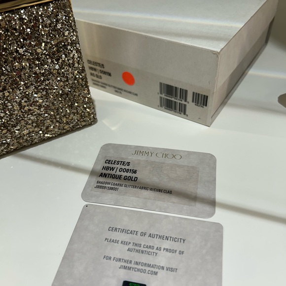 Authentic Jimmy Choo Coarse glitter Celeste clutch with chain antique gold - Picture 7 of 7